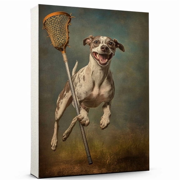 Whippet Cute Dog Lacrosse Stretched Canvas Size 8x12 – Retro Whippet Dog Batter in Action With Lacrosse for Themed Living Room