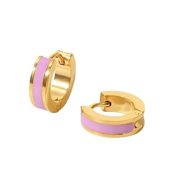 PAURO Women's Stainless Steel Minimalist Gold Plated Hoop Earrings Enamel Huggie Earrings Pink