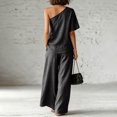 thumbnail image 5 of Women's 2 Piece Outfit One Shoulder Top and High Waist Wide Leg Pants Set, Textured Washed Crinkle Lounge Set, Casual Boho Flowy Matching Set for Summer Black L, 5 of 6