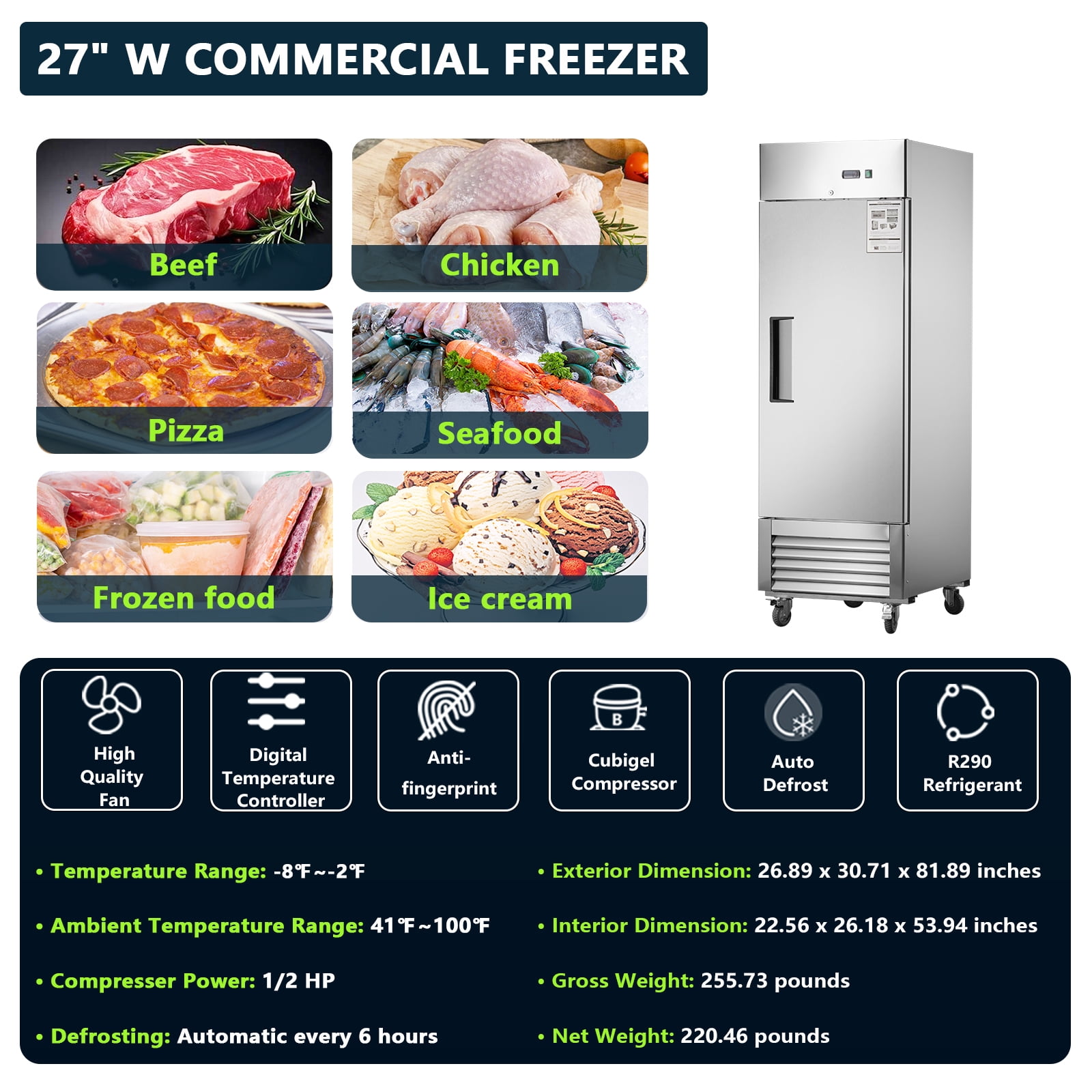 27" Commercial Freezer, 18.68 Cu.ft Single Solid Door Reach-in Freezer, Stainless Steel Interior & Exterior, Upright Restaurant Freezer with Cubigel Compressor, -8°F to -2°F, Carel Controller, ETL
