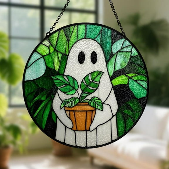 Cute Ghost Plant Suncatcher, Ghost Stained Glass Window Decor, Plant Lover Ornament, Greenhouse Home Decor, Halloween Gift