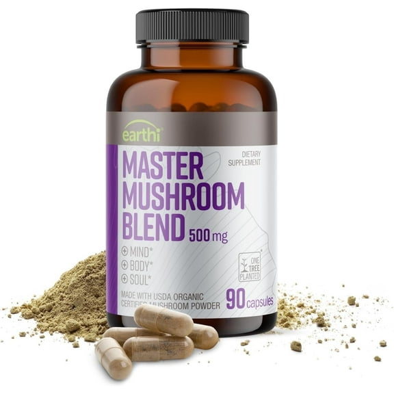 Earthi Master Mushroom Supplement with Reishi, Lion's Mane & Cordyceps for Men and Women, 90 Caps