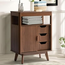 Fluted Floor Bathroom Cabinet with Sliding Door, Modern 3 Drawers Storage Organizer with Adjustable Shelf, Mid Century Bathroom Storage Cabinet with Curved Edge for Bathroom Dining Room (Brown)