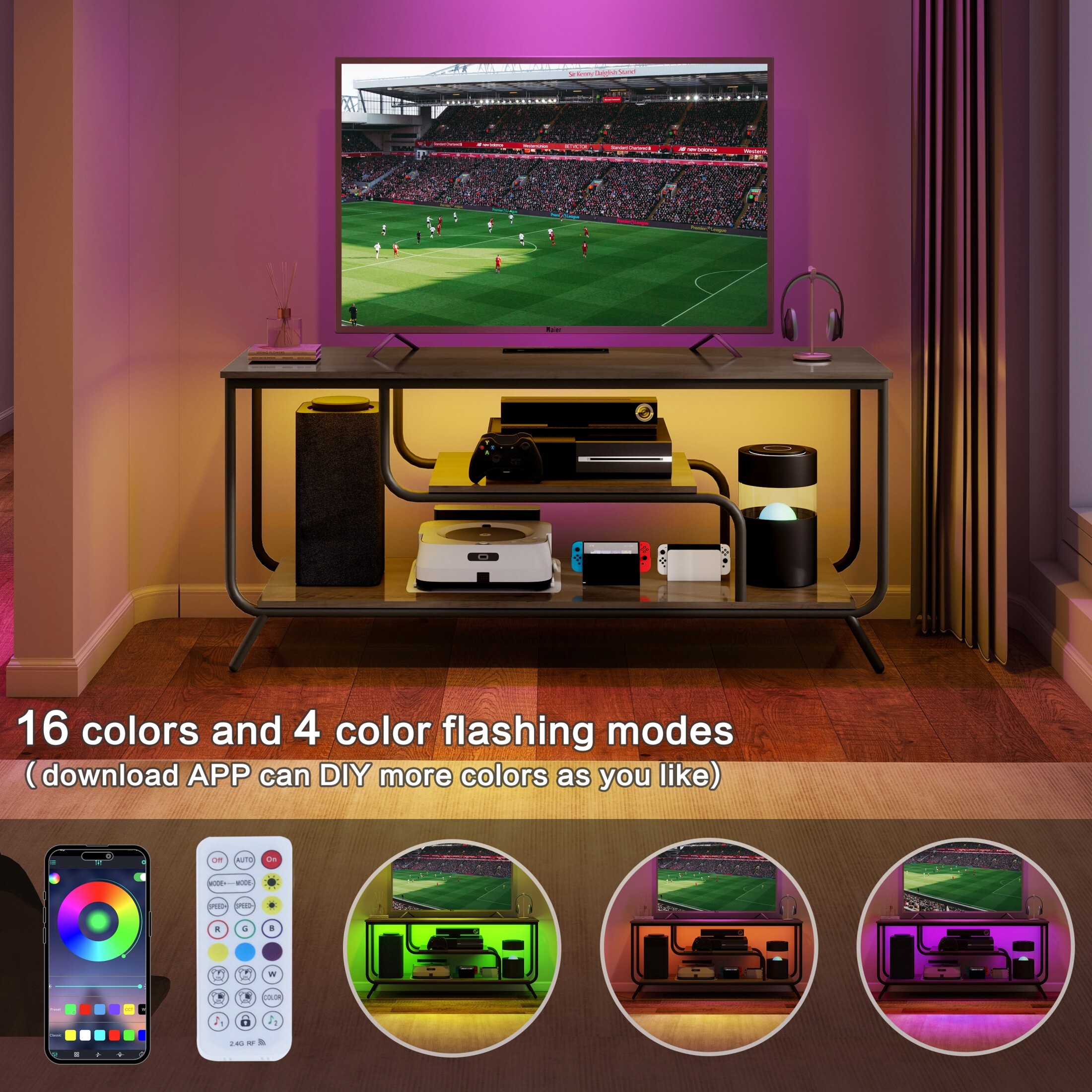 DEALTOPS 16-Color LED Lights TV Stand with Charging Stations and Shelf for TVs Up to 55'', Rustic Walnut