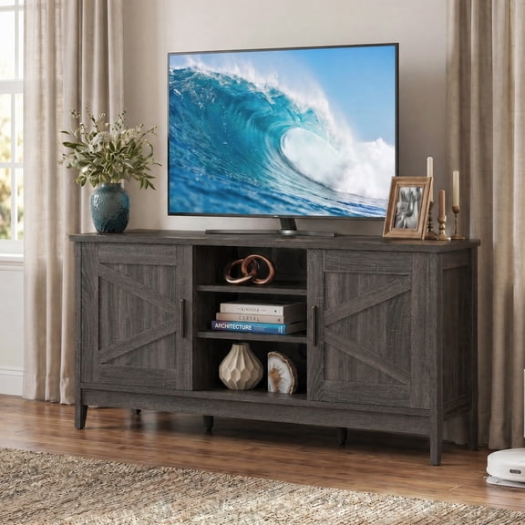 LIVIZA 54" Farmhouse TV Stand for TVs up to 65", Entertainment Center with Storage Cabinet & Bar Door，Gray
