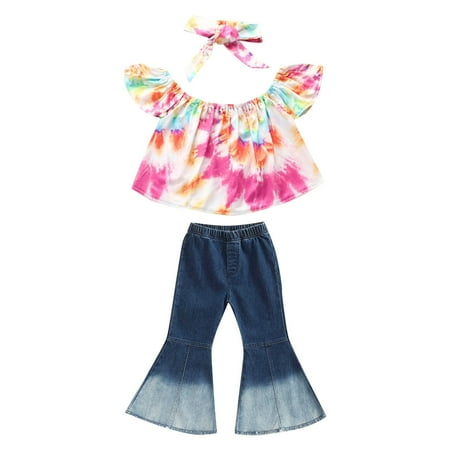 

TAIAOJING Toddler Baby Girl Clothes Summer Kids Pants Flare Pants Suit One Line Shoulder Pullover Jeans Tie Dye Colorful Pattern Outfit 5-6 Years