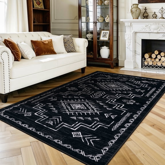 Lahome Moroccan Washable 5'x7' Area Rug, Black Rugs for Living Room, Soft Non-Slip Stain Resistant Aztec Tribal Carpet for Bedroom Dining Room Office, Neutral Large Area Rugs, Black