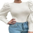 thumbnail image 2 of PENGXIANG Femmes Couleur Unie Col Rond Manches Bouffantes Slim Fit Chandail Côtelé, 2 of 4