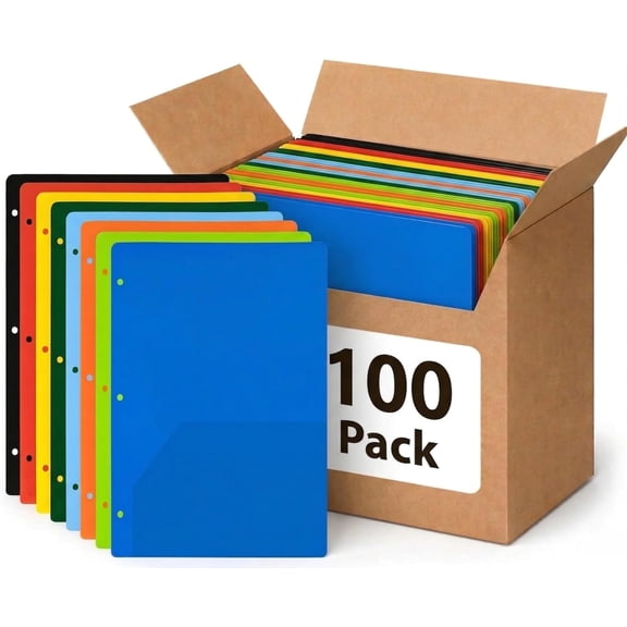 100 Pack Two Pocket Plastic Translucent 3-Ring Hole Punch Folders, 11.5”L x 9.5”W for Filing / Storing Paper Work, Assorted Colors