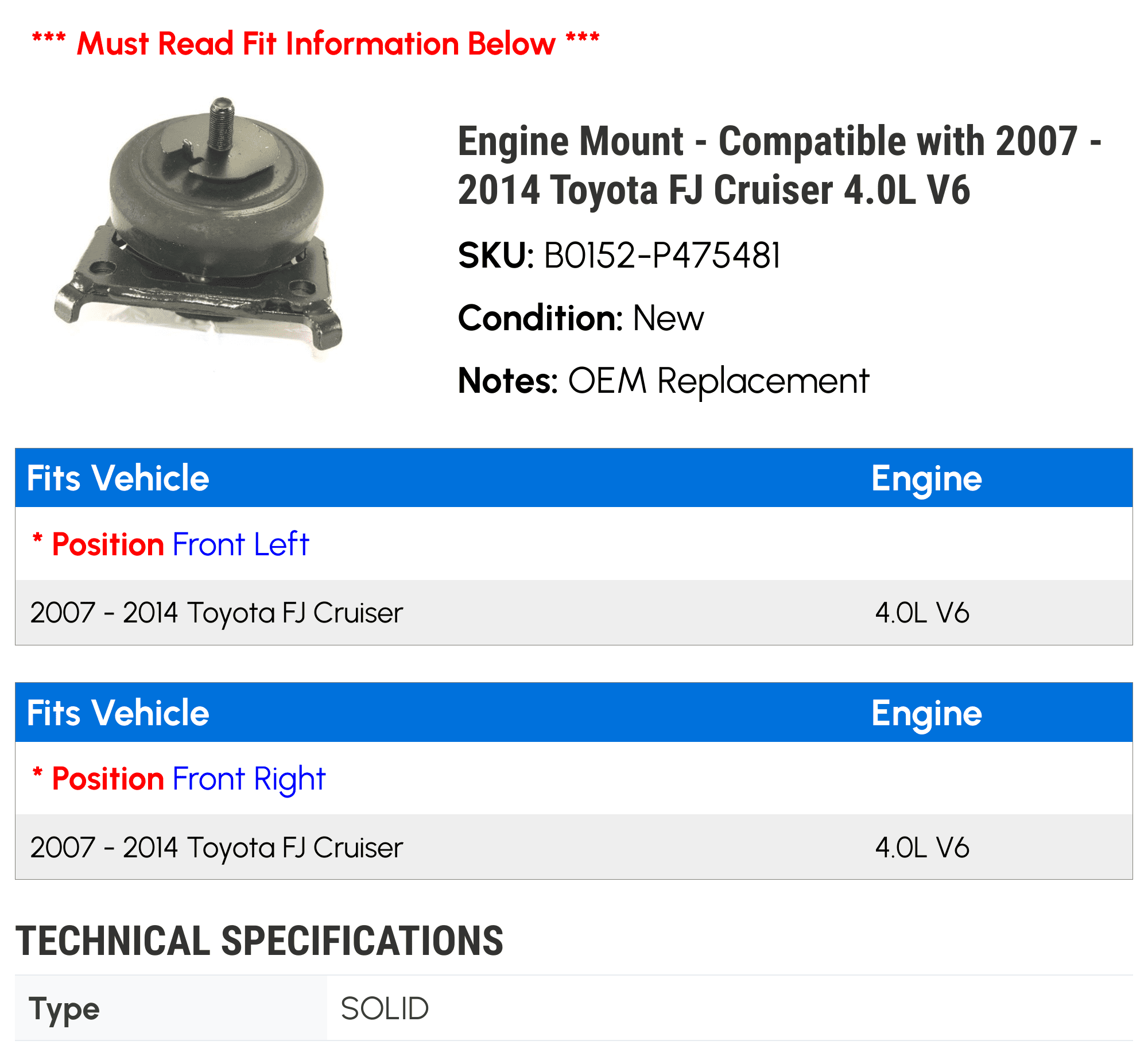 Engine Mount - Compatible with 2007 - 2014 Toyota FJ Cruiser 4.0L V6 2008 2009 2010 2011 2012 2013