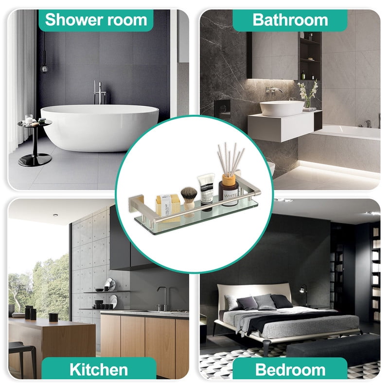 Glass Shelves for Bathroom, 16IN Brushed Nickel Bathroom Shelves for Wall Rectangular Stainless Steel Tempered Glass Modern use for Shelf Sink Over Toilet