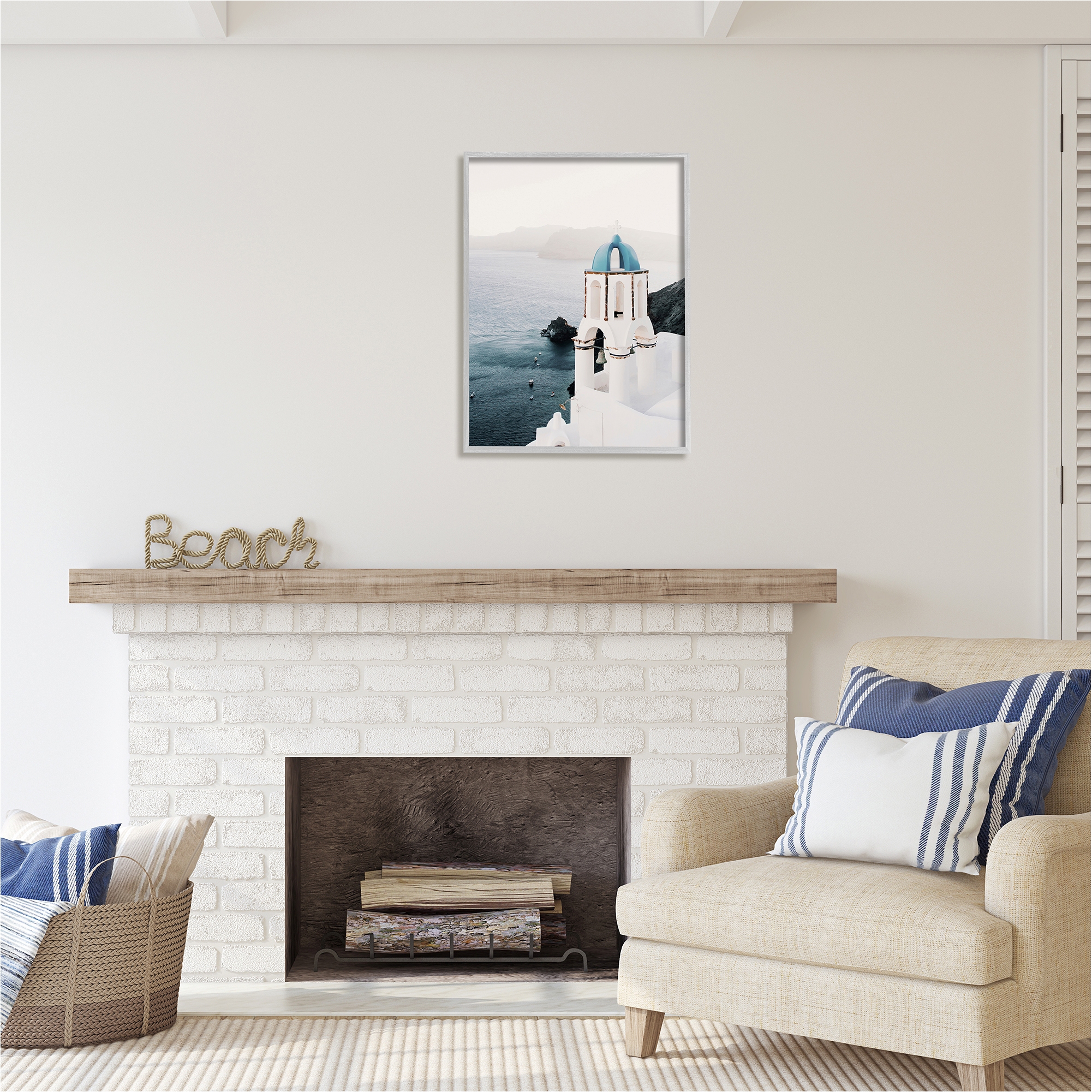 Stupell Industries Santorini Bell Tower Landscape Photography Gray Framed Art Print Wall Art, 24 x 30