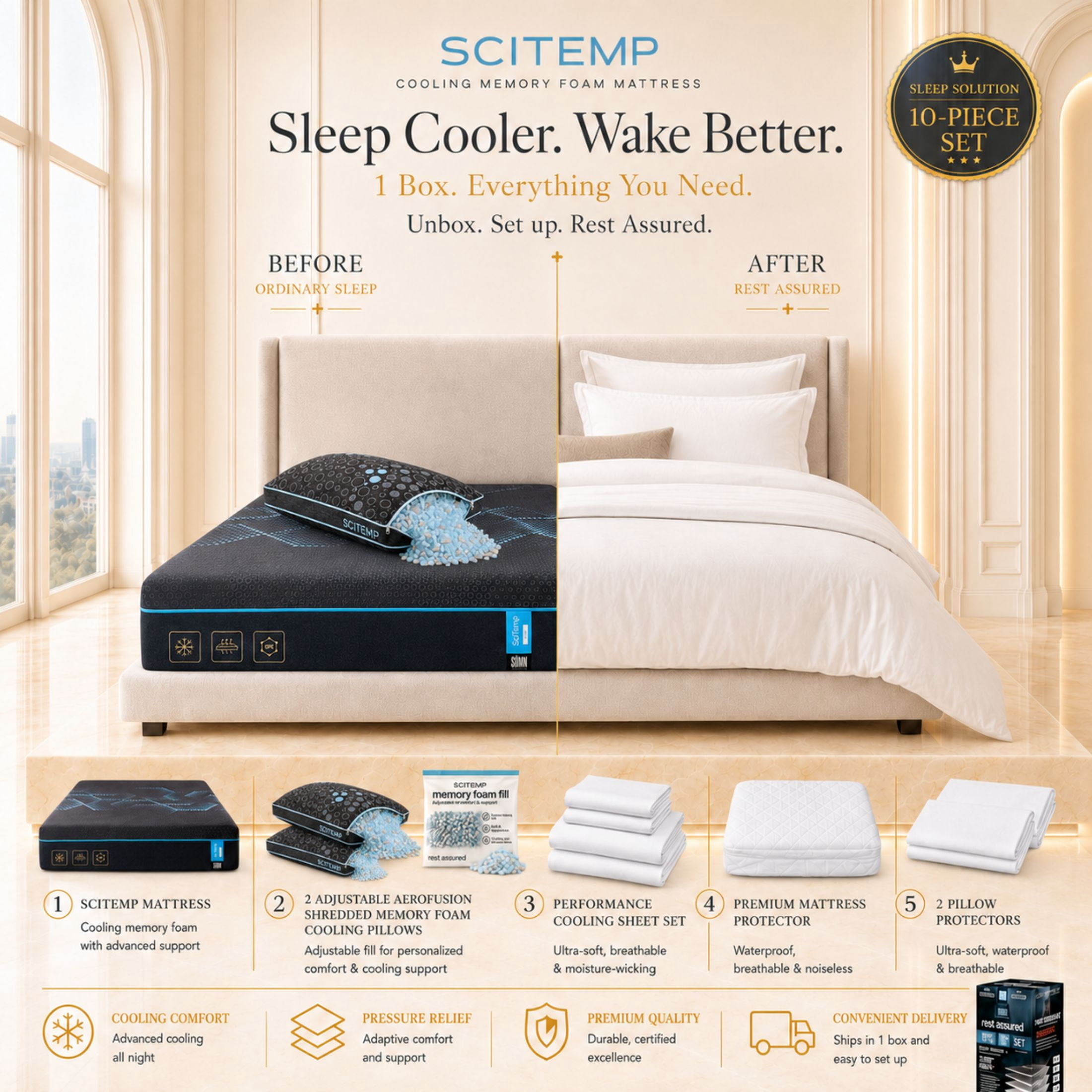 SciTemp by Somn Company 10-Piece Sleep Solution 14" Graphene + IceTech Cooling Memory Foam Mattress, Full.