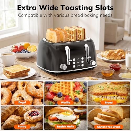 Toaster 4 Slice, Retro Stainless Steel Wide Slot Toaster with Dual Independent Controls, 6 Browning Levels, Bagel, Defrost, Reheat & Cancel, Removable Crumb Tray, Black