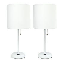 Simple Designs 19.5" 2-Pack Stick Table Lamp Set with Charging Outlet, White Shades