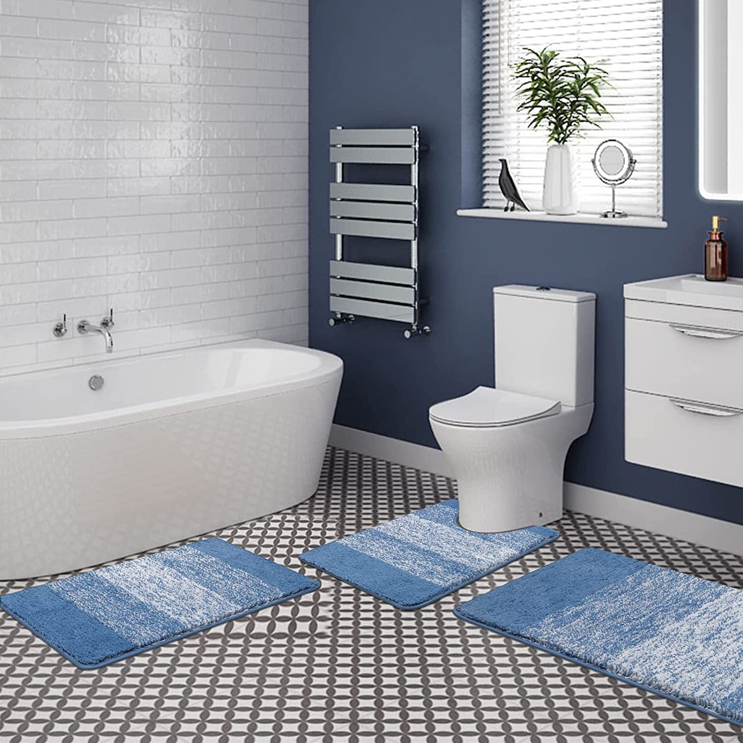 Bathroom Rugs, Yamaziot Bath Mat Set of 3, Absorbent Microfiber Non Slip Shaggy Ultra Soft Bathroom Runner with U Shaped Contour Toilet Mat for Tub Front, Shower Inside Floor
