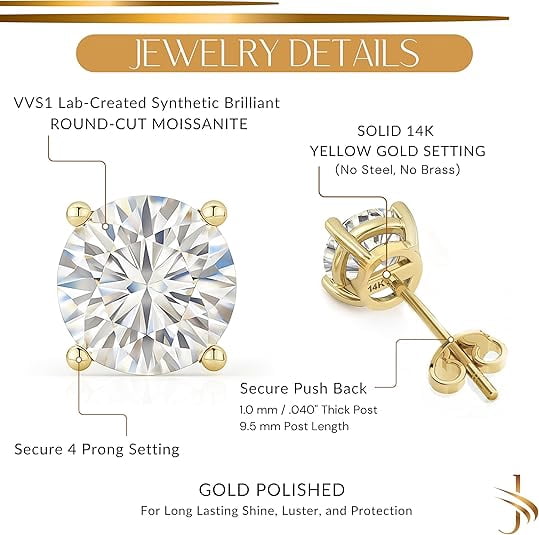 14K Solid Yellow Gold Lab Grown Moissanite Round Cut Stud Earrings | 6.0mm | 1.5 CTW | Push Back | Luxury Fine Jewelry Gift for Women | by Jewelaura