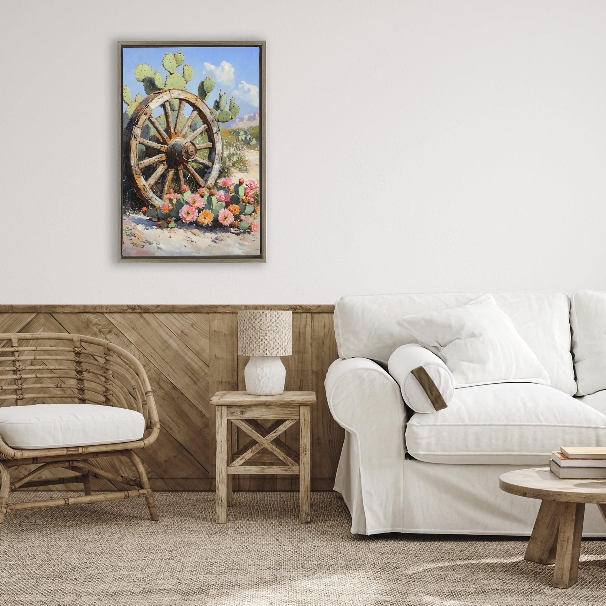 Stupell Industries Wagon Wheel Among Cactus Brown Framed Floater Canvas Wall Art, design by Franklyn Gregory