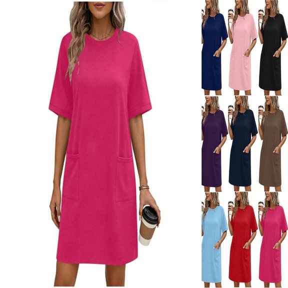 QSAWXQZ Women Plus T Shirt Dress Pockets Short Sleeve Crew Neck Loose Mini Dress for Summer 4XL