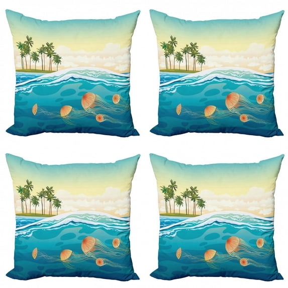 Ambesonne Tropical Throw Pillow Cover 4 Pack, Jellyfish in the Ocean, 16", Multicolor
