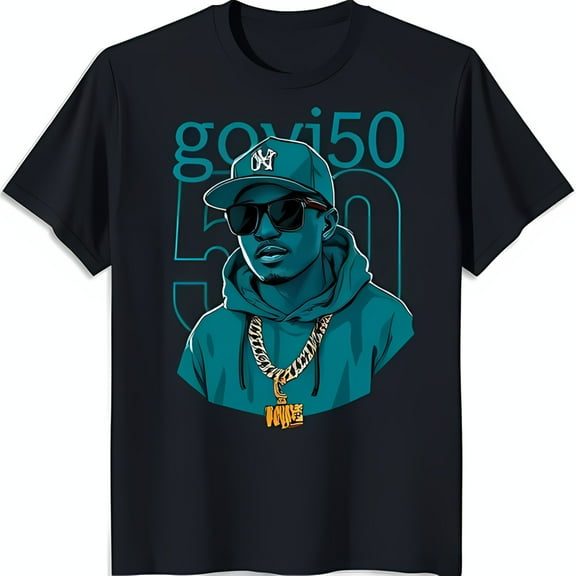 Men's Dark Blue T-Shirt with Graphic of Serious Man in Teal & 'GOV i50' Design
