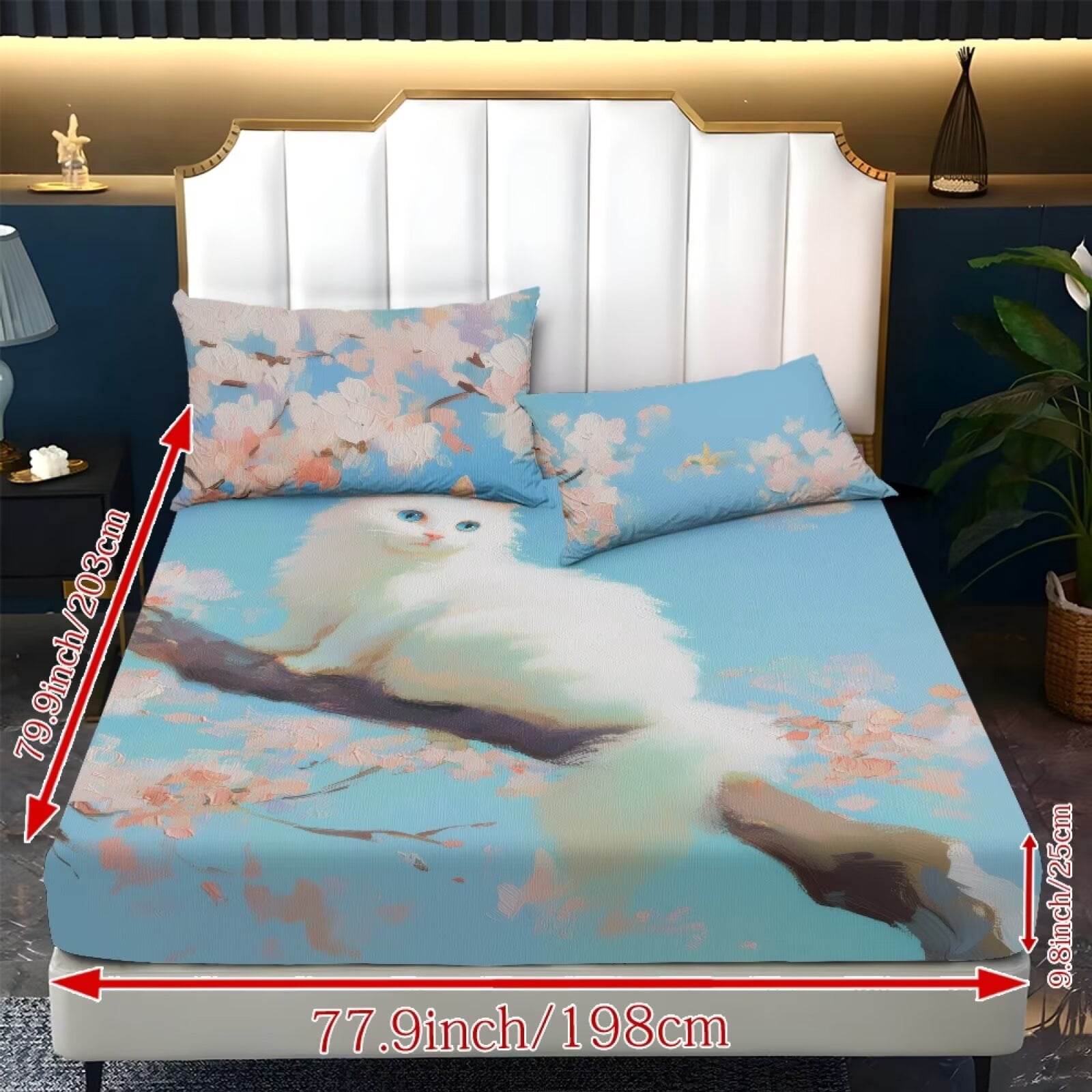 ZIATUBLES 3 PCS Twin Size Sheets Set, 1 Fitted Sheet with 2 Pillowcases, 9.8" Standard Pocket Chic Bed Sheets Set, Soft Cozy Bedding Bedroom Decor, Cherry Blossom White Cat Print