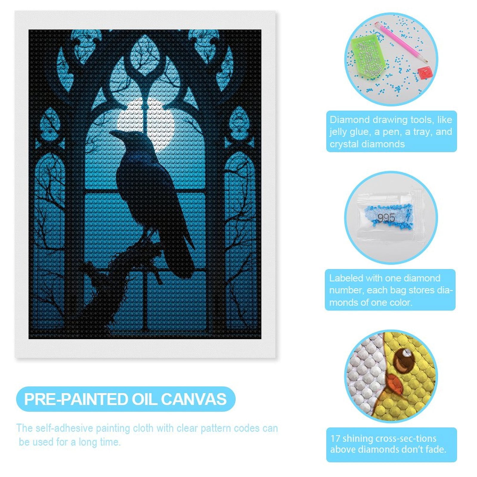 Diamond Art Kits for Adults, Gothic Moonlit Raven Silhouette 5D Diamond Painting Kits for Adults Beginners, DIY Full Drill Diamond Painting, Gem Art and Crafts 12x16