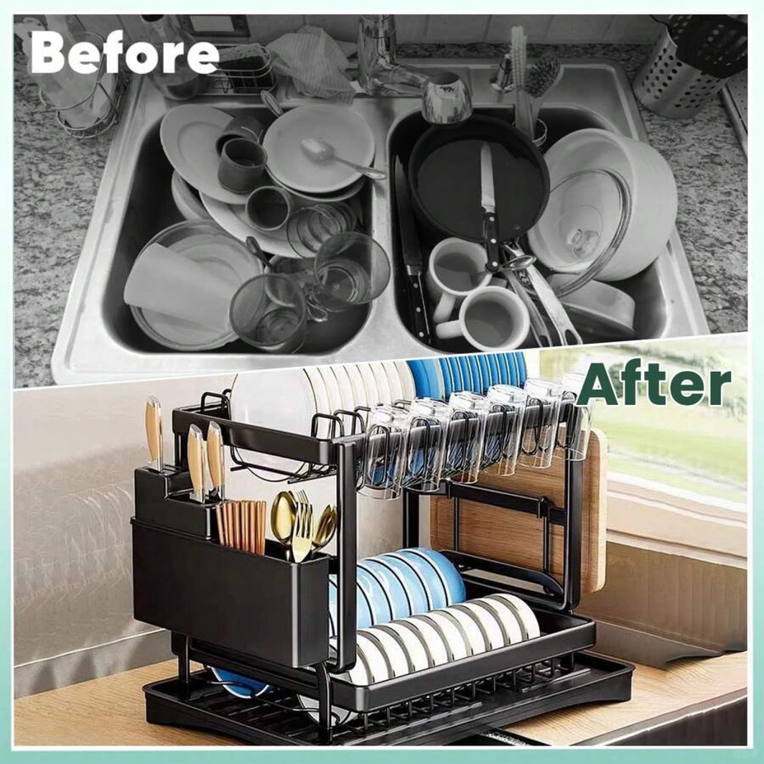 Rustproof Stainless Steel Dish Drying Rack, 2-Tier Large Dish Rack For Kitchen Countertops,