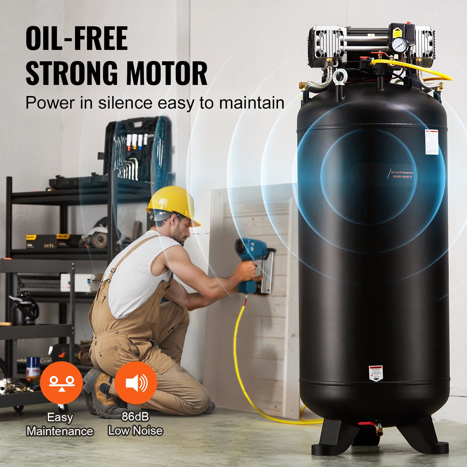 KFFKFF 80 Gallon Air Compressor, 6.5HP, 15.5SCFM@90 PSI, Two-Stage 145PSI, Lubrication-Free, 86dB Low Noise, Suitable for Industrial Production, Building, Car Maintenance
