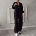 thumbnail image 2 of MIUOWANP Hot New Models of 2024 Womens Solid Color Retro Classic Versatile Minimalist Casual Cotton Linen Shirt Drawstring Wide Leg Minimalist Sets for Women 2 Pice on Sale,Size S Black, 2 of 5