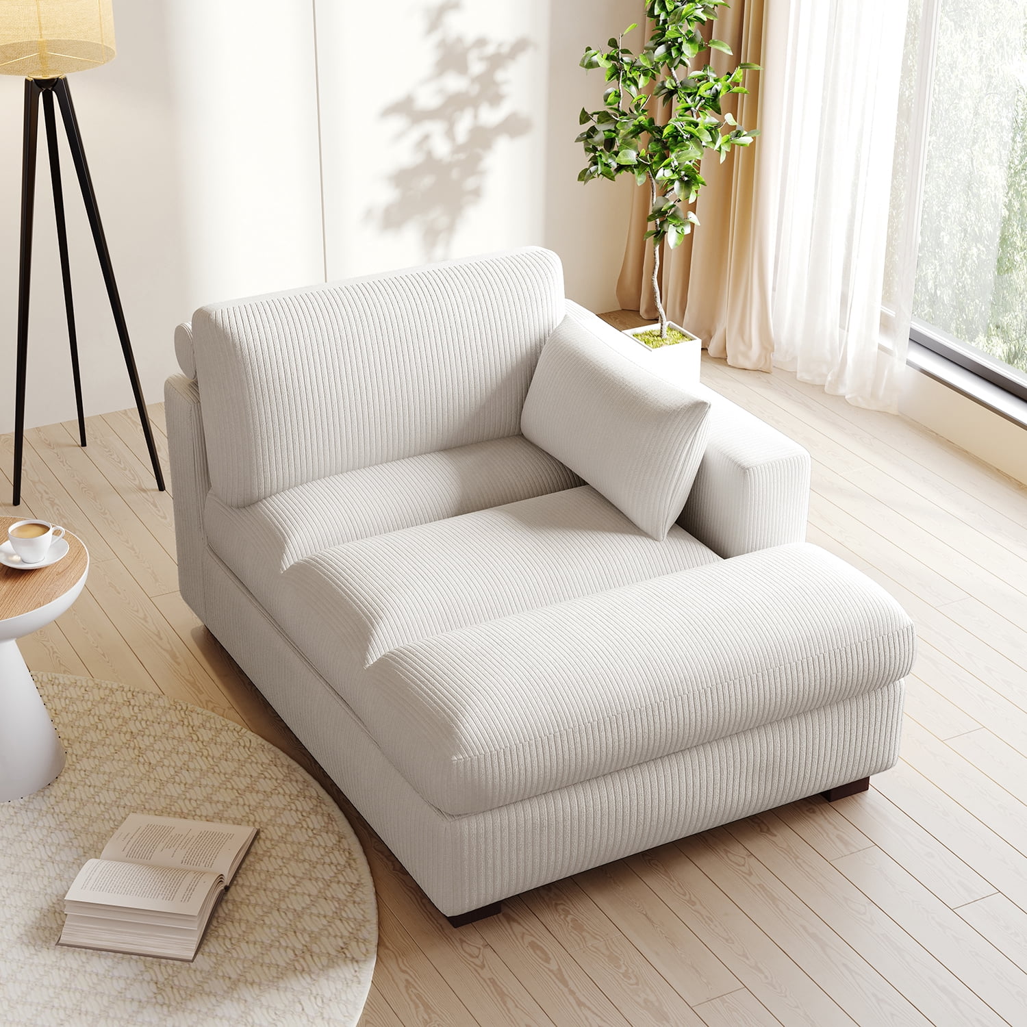 UIXE Chaise Lounge Indoor Upholstered Corduroy Sofa with Left Armrest for Living Room Bedroom, Beige