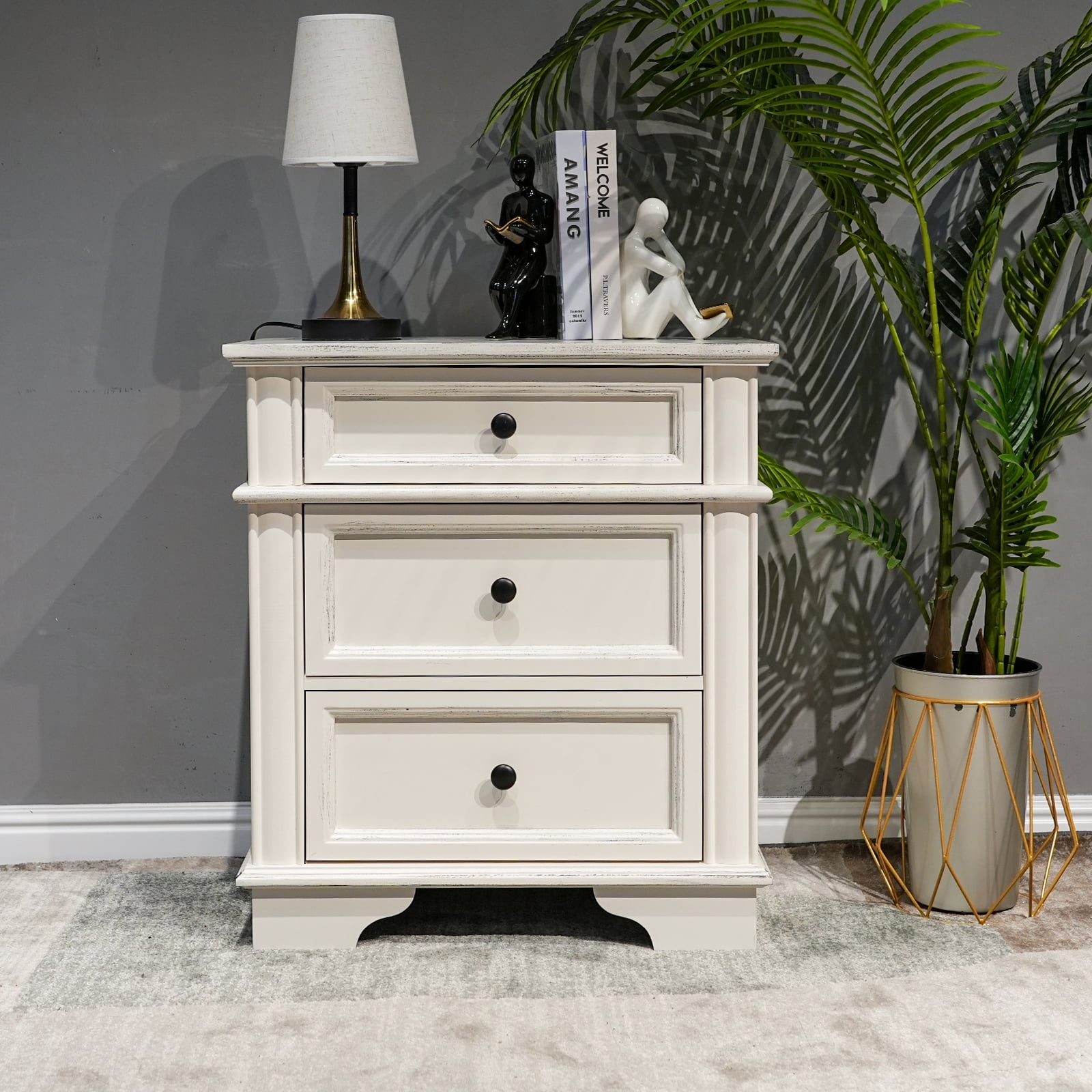 Zimtown Nightstand with Charging Station for Bedroom, Solid Wood End Side Table with 3 Drawer, Antique White