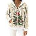 thumbnail image 2 of Women's Casual Fashion Long-Sleeve Zip-Up Fleece Hooded Cardigan with Christmas Print, Cozy and Warm for Winter Season,Khaki,2XL, 2 of 5