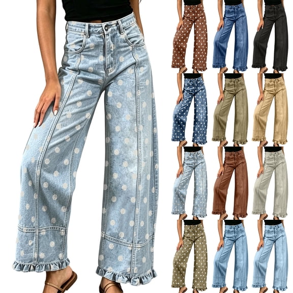 Hvogkswy Wide Leg Jeans for Women Trendy Polka Dot Light Wash Denim Pants Loose Stretchy Denim Pants with Ruffle Hem