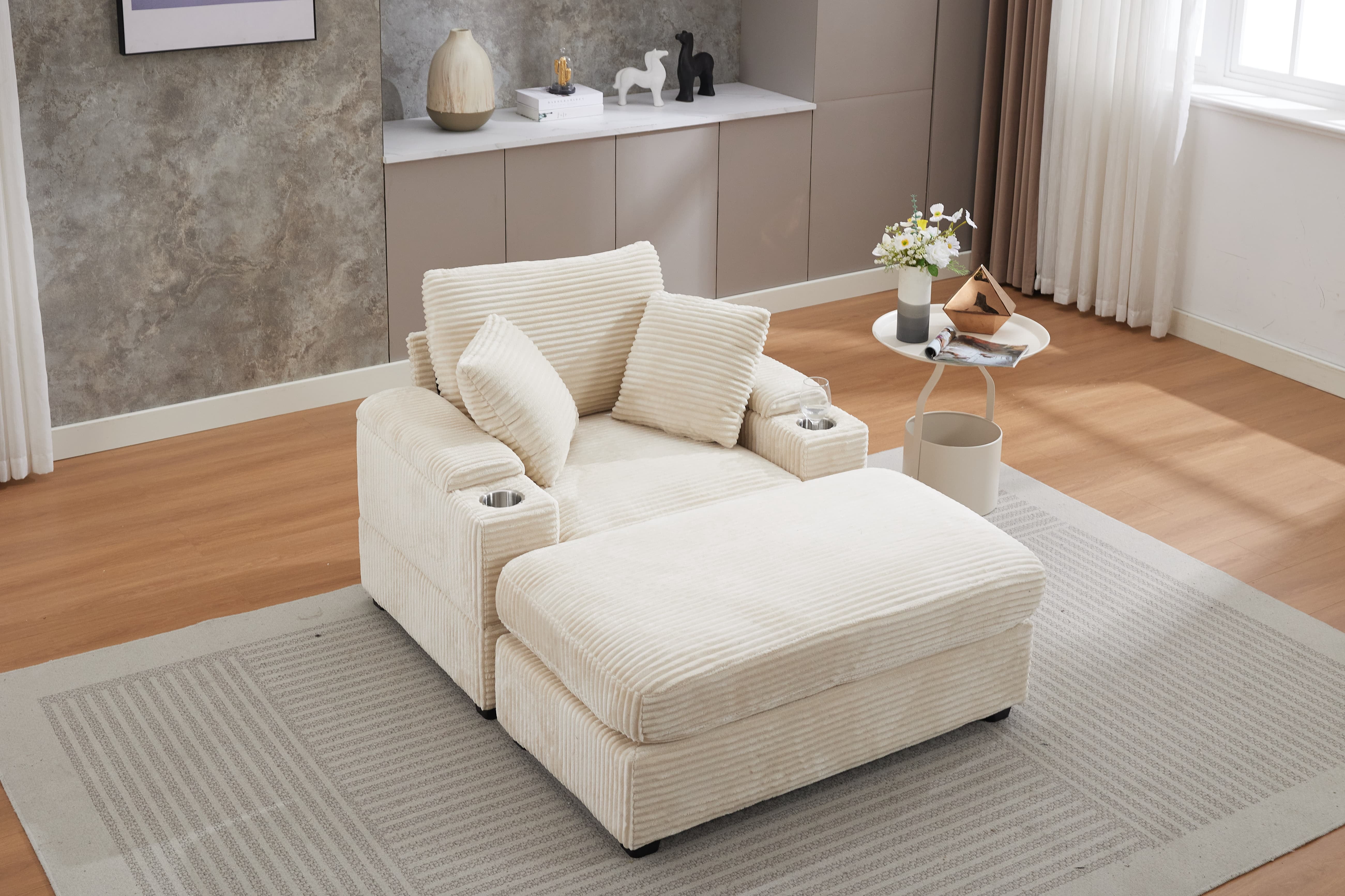 Chaise Lounge Chair Indoor Furniture, Corduroy Upholstered Chaise Lounge Sofa, Deep Seat Sofa with Handrail storage and Cupholders, Movable ottoman, Detachable Cushions for Living Room Bedroom,Beige