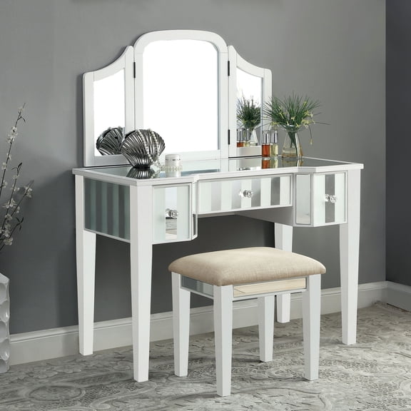 Inno Solid Wood 3-Piece Makeup Vanity Set with Mirror, White