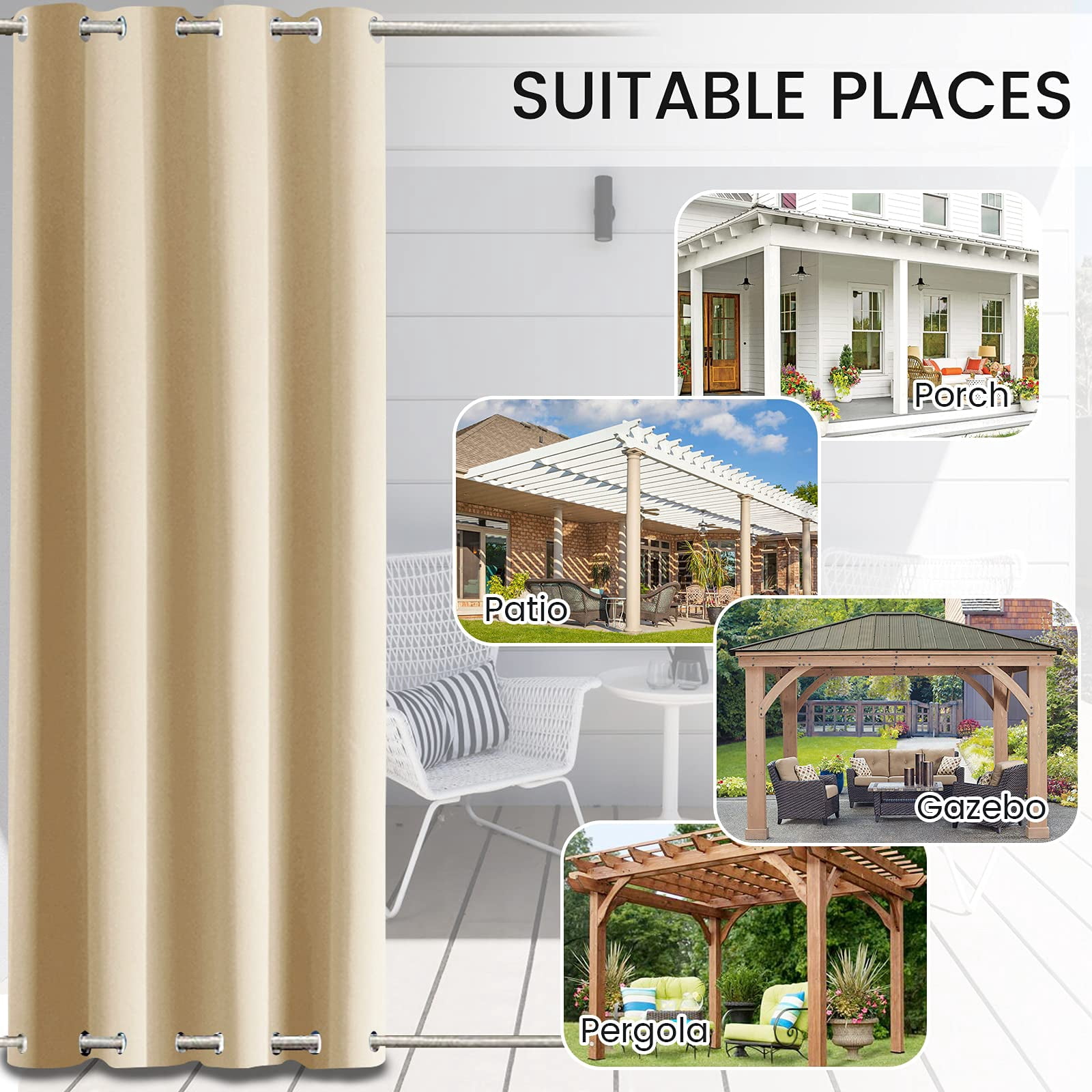 TOPCHANCES 2 Panels Outdoor Curtains for Patio, Waterproof Blackout Outside Curtains with Top and Bottom Grommet, Windproof UV Resistant Drapes for Porch, Pergola, 52 x 108 inch, Beige
