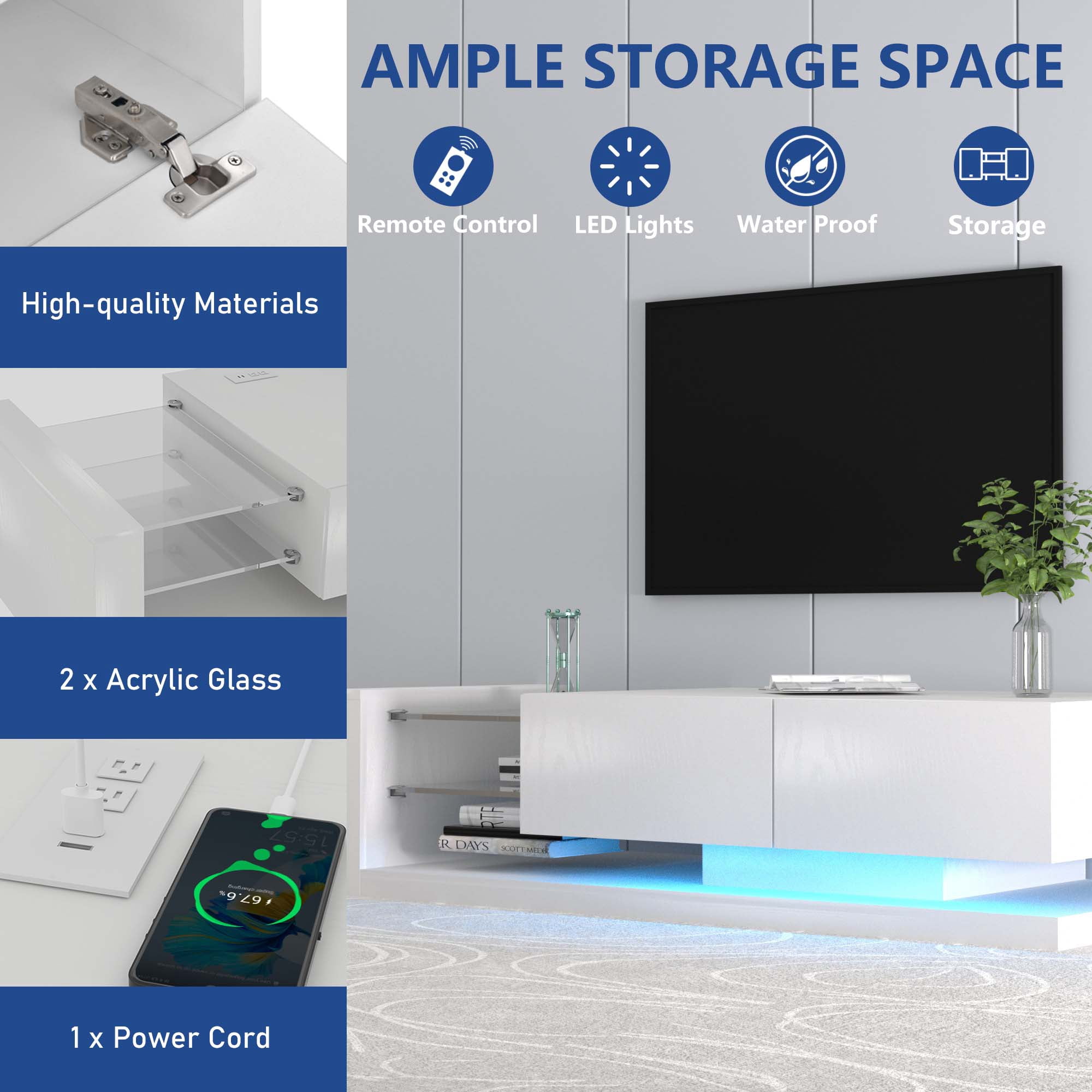 Aukfa Modern TV Stand for TVs up to 75",  TV Console Table, LED Lights, Power Outlets - White