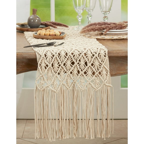 Fennco Styles Bohemian Handmade Macramé Decorative Cotton Table Runner 16" W x 72" L - Natural Woven Table Cover for Banquets, Dinner Parties, Special Events and Home Décor