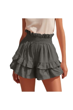 Women's Cotton Ruffle Shorts High Waisted Elastic Waist Casual Summer Beach Shorts Flowy Layered Shorts