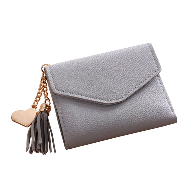 Cartera pequeña de piel sintética con textura de lichi para mujer, con tres pliegues, para guardar tarjetas, monedas y efectivo, con colgante de borla (gris claro)