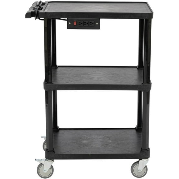 Three-Tier Mobile Utility Cart with 3 Outlets and 8-foot Power Cord, Heavy-Duty Service Cart, Black