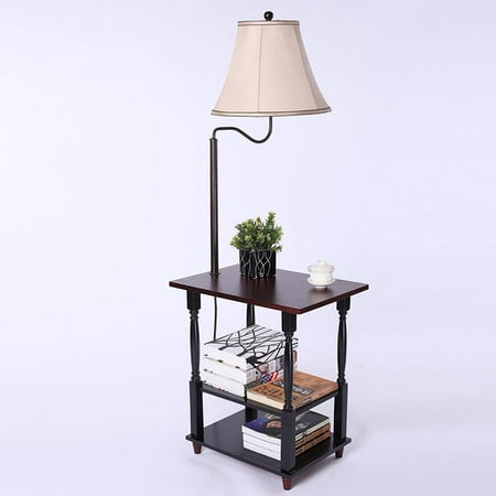 Zimtown Wood Floor Lamp with Built-in Two-Tier Black Table with Open Display Space - Combination Tray lamp with Swing Arm White