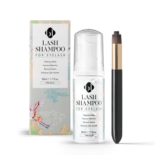 BL Lashes Champú de pestañas+cepillo limpiador espumoso para párpados para pestañas naturales y de extensión, suave baño de pestañas y removedor de maquillaje para salón y hogar (1.7 fl oz)