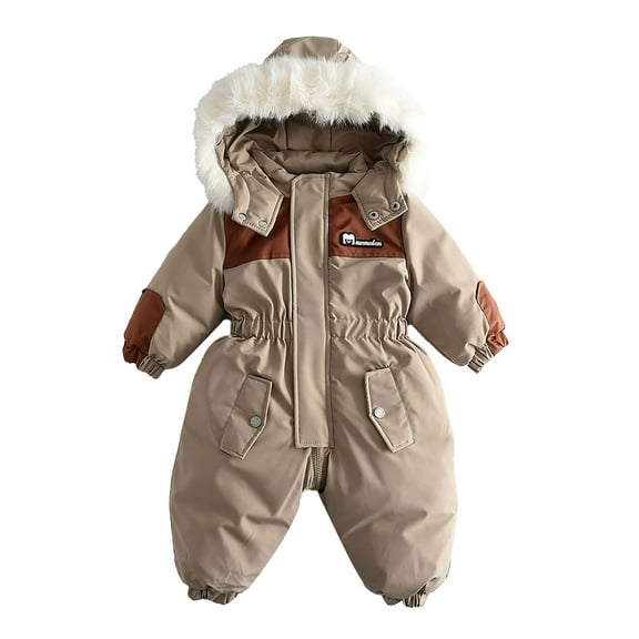 Xfvqtps Snowsuit One Piece Fake Fur Hooded Rompers Keep Warm Color Blocking Waterproof Windproof Winter Jumpsuits Khaki