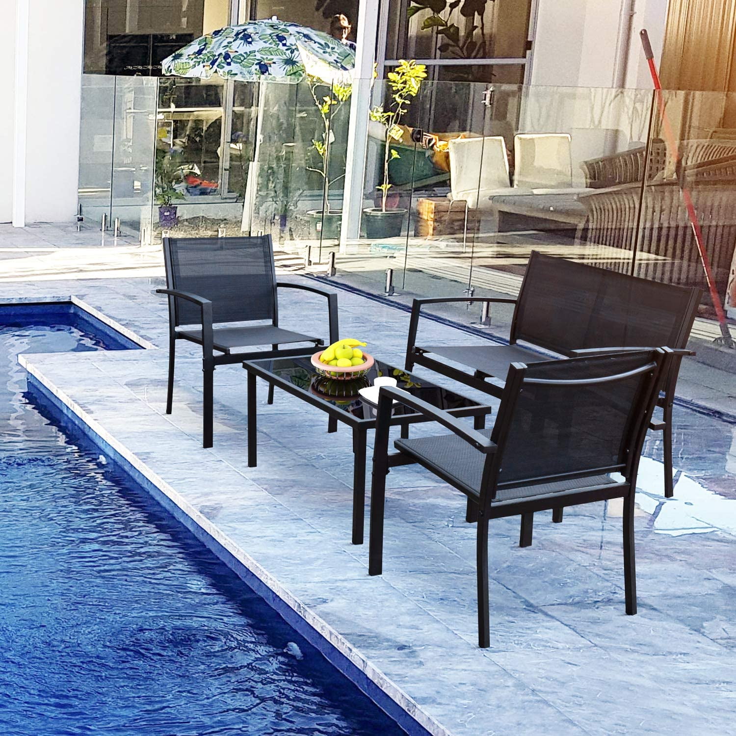 Devoko 4 Pieces Patio Furniture Outdoor furniture Outdoor Patio Furniture Set Textilene Bistro Set Modern Conversation Set Black Bistro Set with Loveseat Tea Table for Home, Lawn and Balcony (Black)