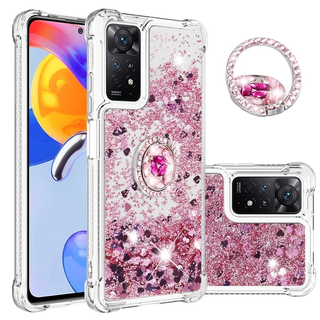 Funda para Xiaomi Redmi Note 11 Pro 5G/4G con Brillo Líquido Flotante, Purpurina, Parachoques y Anillo Giratorio Soporte