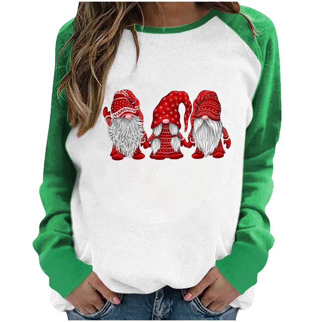 RKSTN Sweat-Shirt de Noël pour Femmes Patchwork Col Rond Imprimé Père Noël Manches Longues Confortable Blouse Régulière
