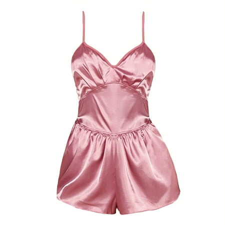 REALiKUN Women Lingerie Bodysuit V Neck Teddy Lace One Piece Babydoll Clubwear Satin Pajamas Nightwear Pink L