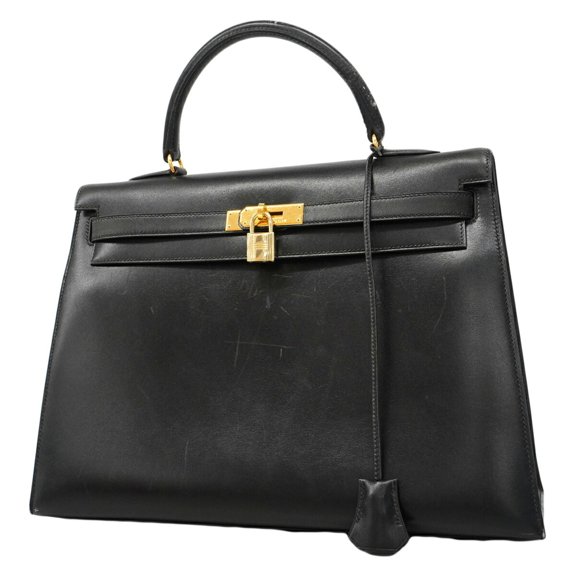 Pre-Owned Hermes Kelly 35 Handbag, Box Calf Leather, Black, A Stamp, Women's